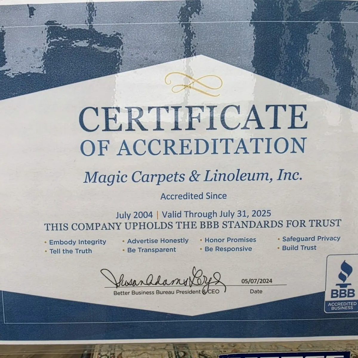 Certificate of Accreditation | Magic Carpets